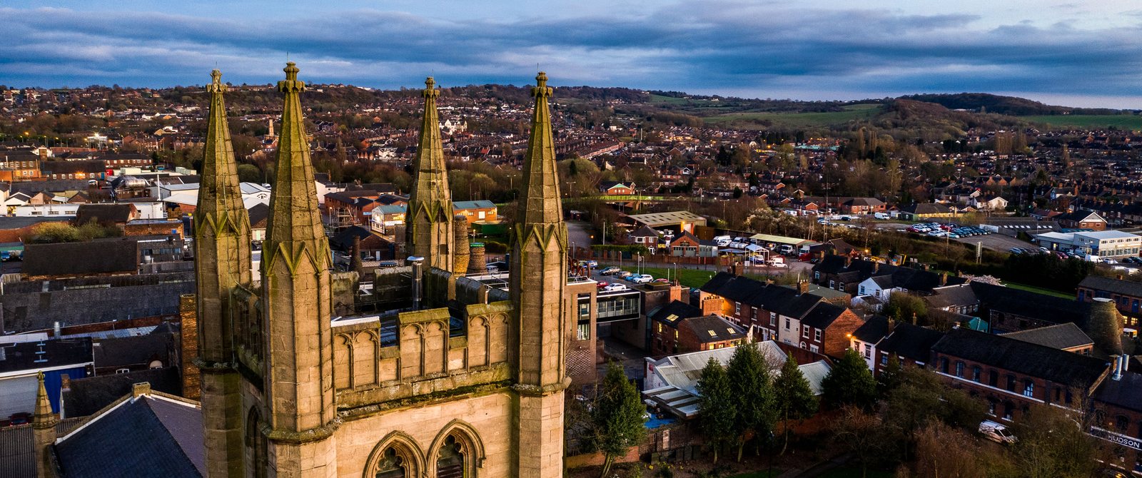 Aerial view of Stoke-on-Trent at dusk, looking across the six towns